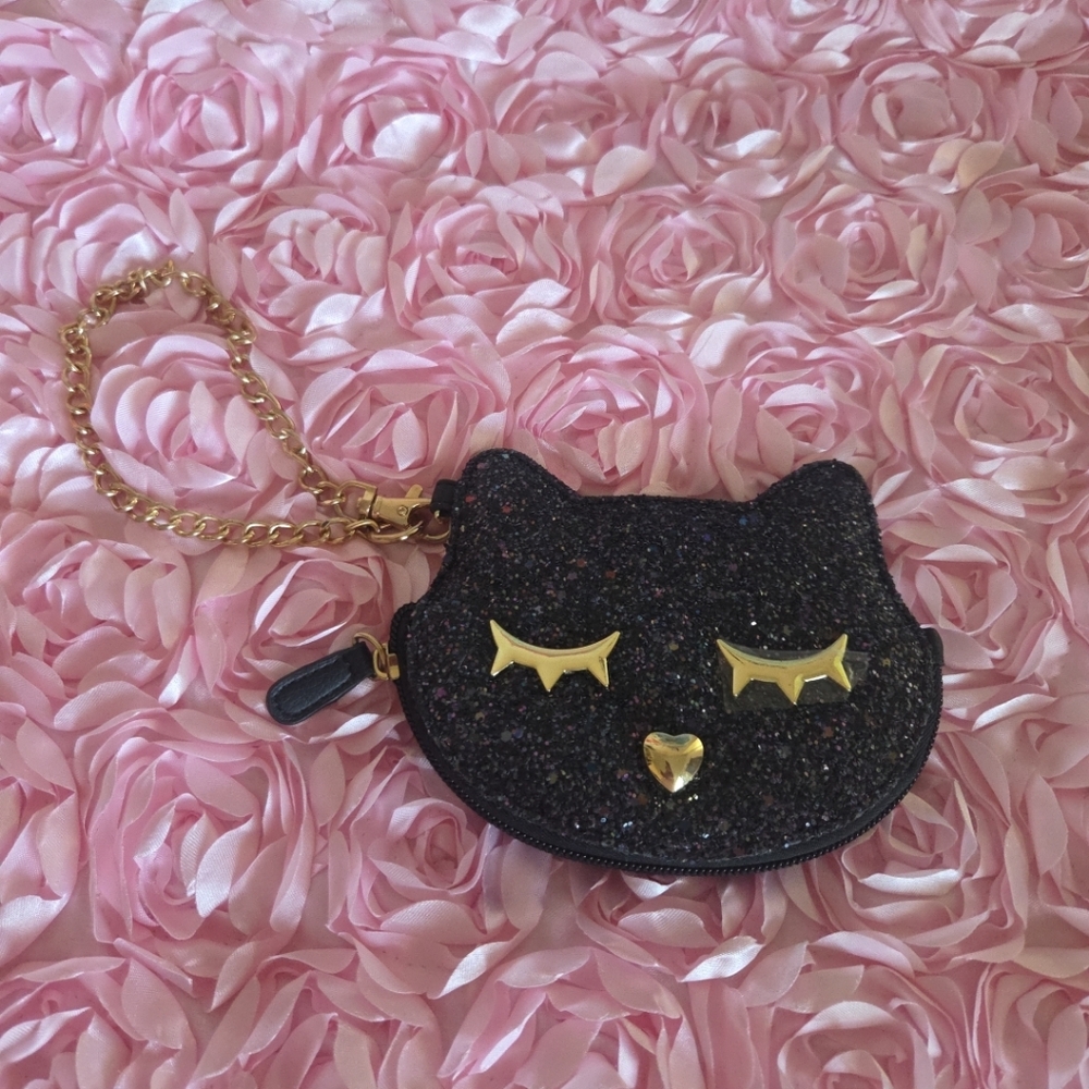 Betsey Johnson Black Glitter Cat Coin Pouch NWOT